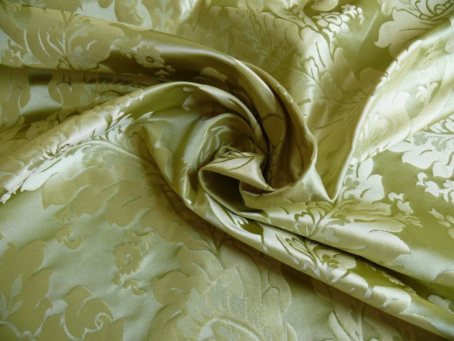100% Silk Damask Classic Renaissance Lotus Kiwi Green Gold Sparkling By Yard