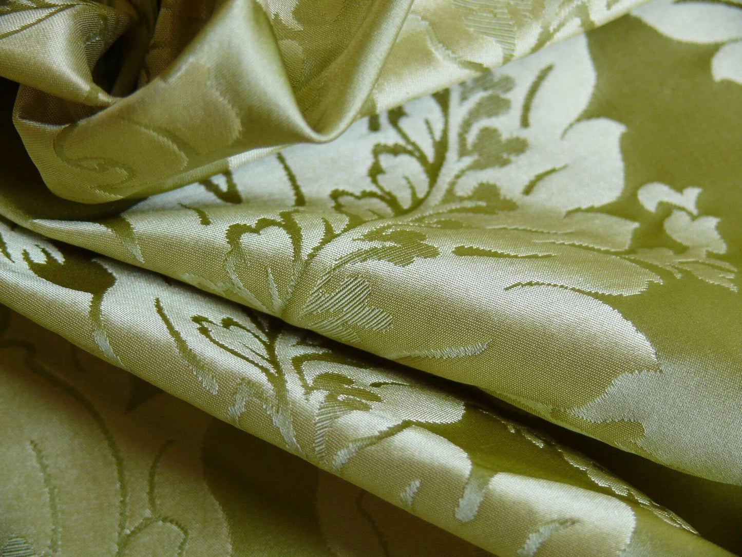 100% Silk Damask Classic Renaissance Lotus Kiwi Green Gold Sparkling By Yard