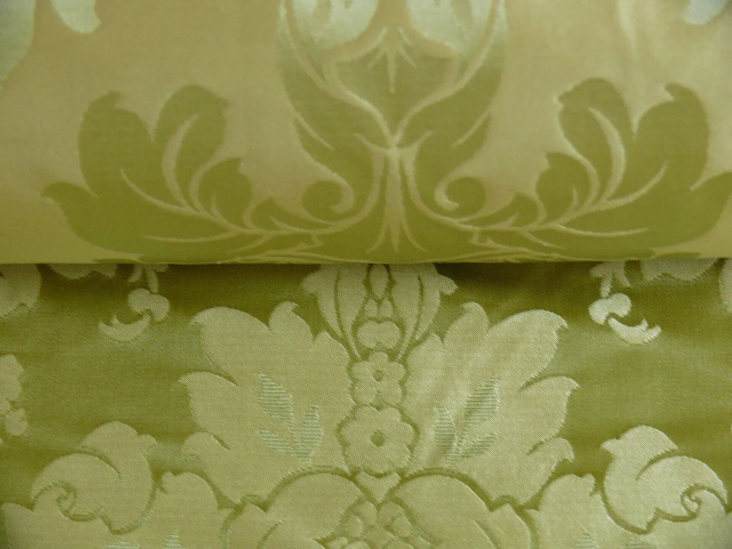 100% Silk Damask Classic Renaissance Lotus Kiwi Green Gold Sparkling By Yard