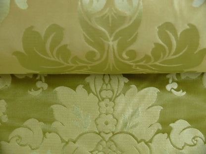 100% Silk Damask Classic Renaissance Lotus Kiwi Green Gold Sparkling By Yard