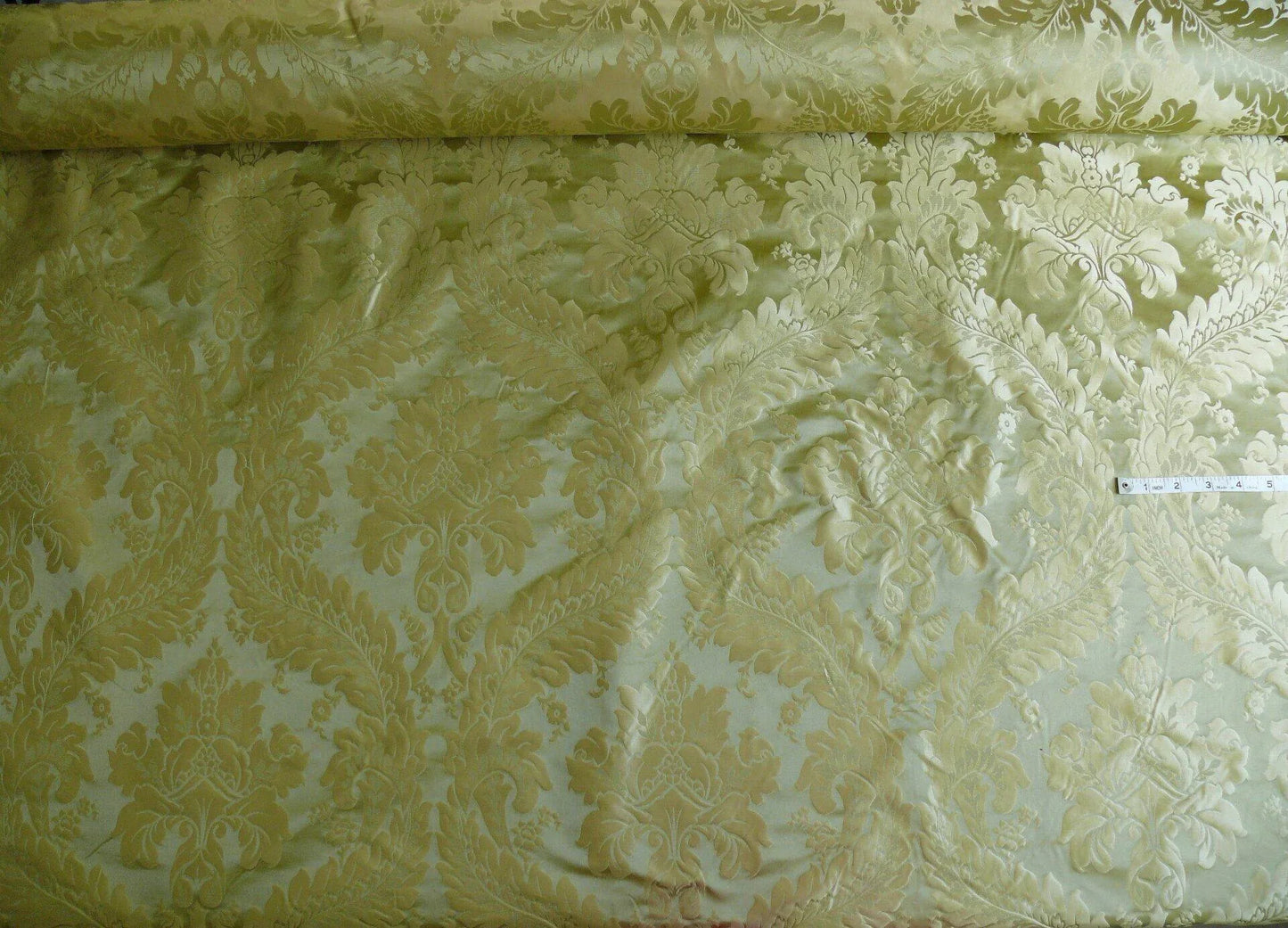 100% Silk Damask Classic Renaissance Lotus Kiwi Green Gold Sparkling By Yard