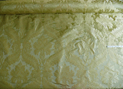 100% Silk Damask Classic Renaissance Lotus Kiwi Green Gold Sparkling By Yard