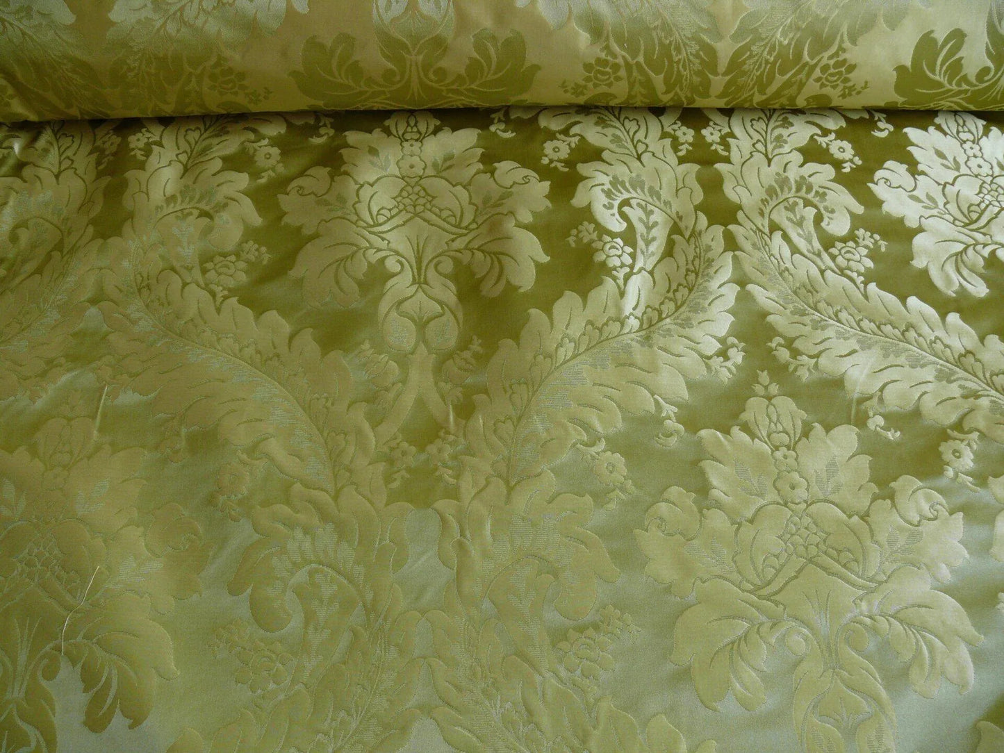 100% Silk Damask Classic Renaissance Lotus Kiwi Green Gold Sparkling By Yard