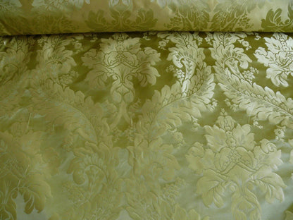 100% Silk Damask Classic Renaissance Lotus Kiwi Green Gold Sparkling By Yard
