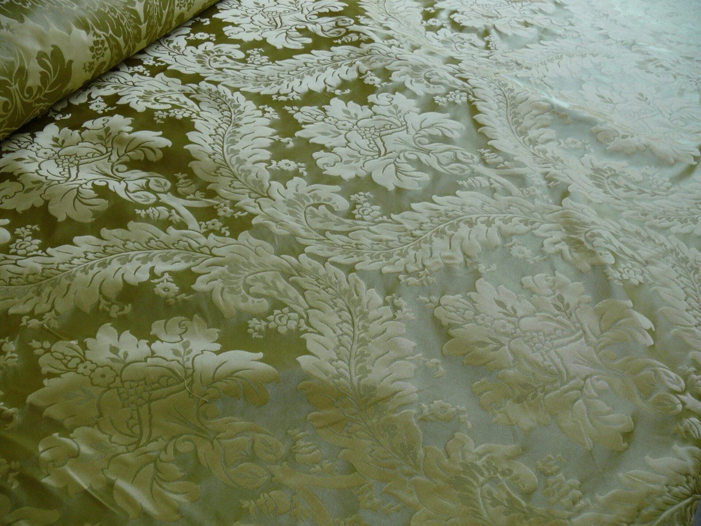 100% Silk Damask Classic Renaissance Lotus Kiwi Green Gold Sparkling By Yard