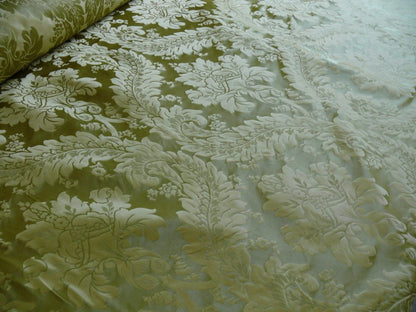 100% Silk Damask Classic Renaissance Lotus Kiwi Green Gold Sparkling By Yard