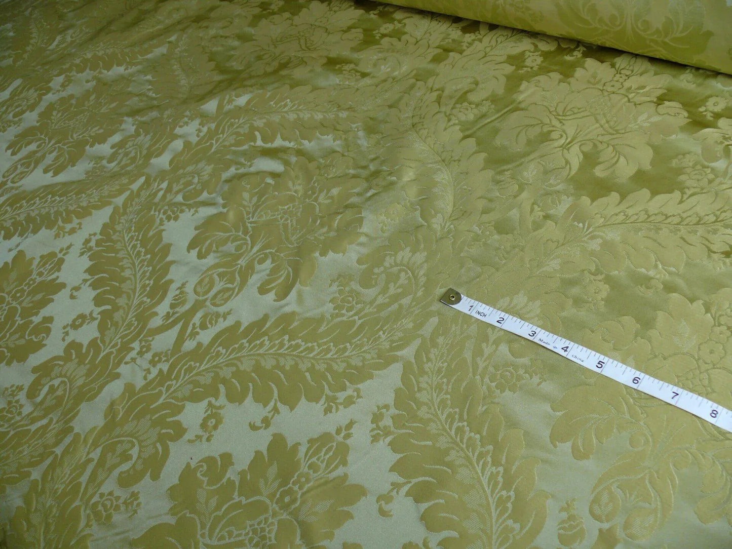 100% Silk Damask Classic Renaissance Lotus Kiwi Green Gold Sparkling By Yard