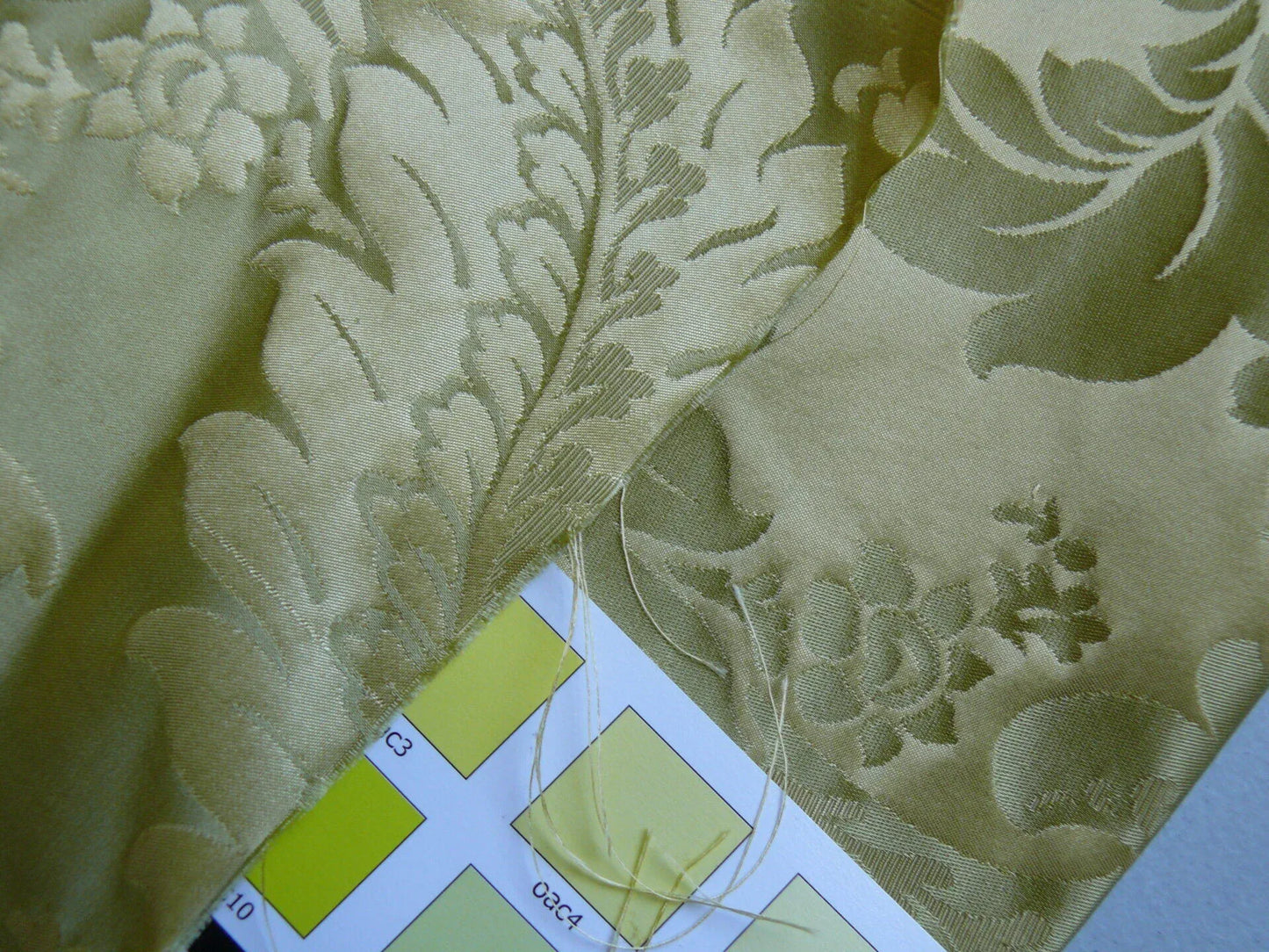 100% Silk Damask Classic Renaissance Lotus Kiwi Green Gold Sparkling By Yard