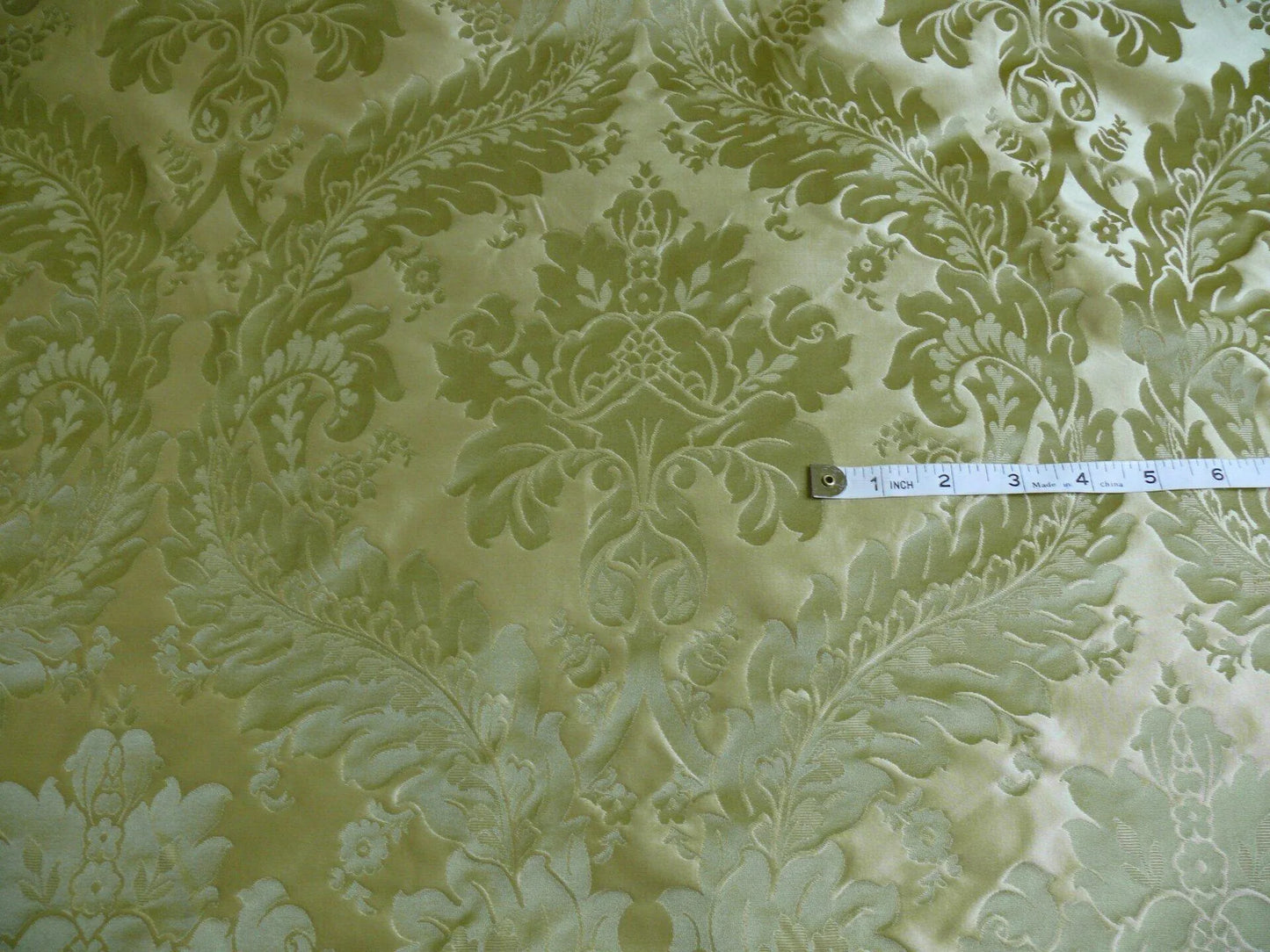 100% Silk Damask Classic Renaissance Lotus Kiwi Green Gold Sparkling By Yard