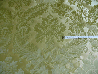 100% Silk Damask Classic Renaissance Lotus Kiwi Green Gold Sparkling By Yard