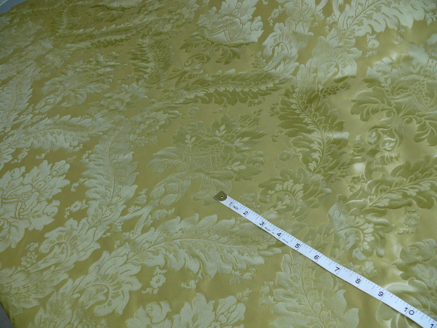 100% Silk Damask Classic Renaissance Lotus Kiwi Green Gold Sparkling By Yard