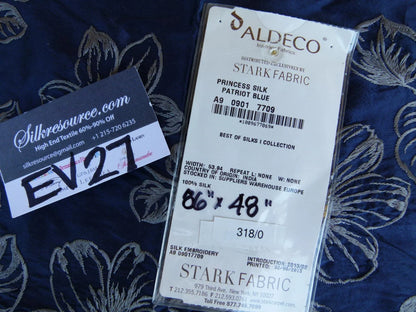 27 EV27 2.4yd x 48″wide Scalamandre Princess Silk Patriot Blue and Gold Large Flora Embroidery  MSRP USD 400+/yard