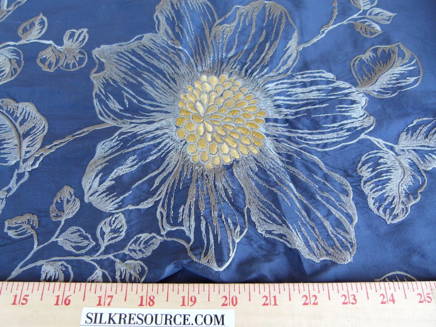 27 EV27 2.4yd x 48″wide Scalamandre Princess Silk Patriot Blue and Gold Large Flora Embroidery  MSRP USD 400+/yard