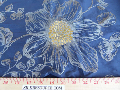 27 EV27 2.4yd x 48″wide Scalamandre Princess Silk Patriot Blue and Gold Large Flora Embroidery  MSRP USD 400+/yard