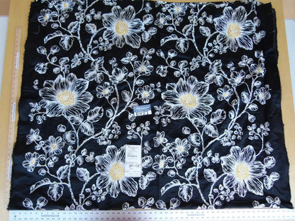 28 EV27 2.3yd x 54″wide Scalamandre DUCHESS SILK Black Embroidery Large pattern Botanical Foliage