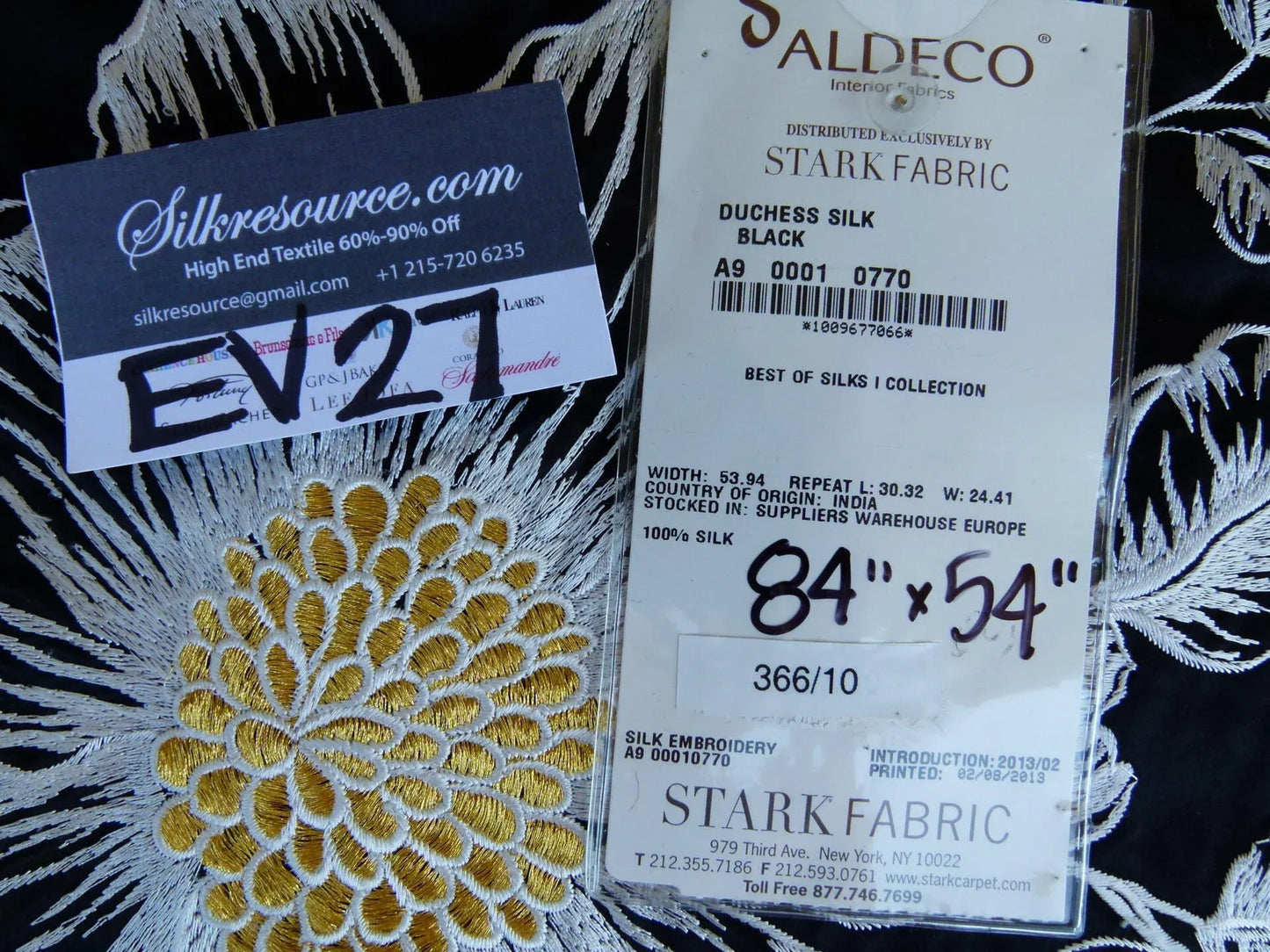 28 EV27 2.3yd x 54″wide Scalamandre DUCHESS SILK Black Embroidery Large pattern Botanical Foliage