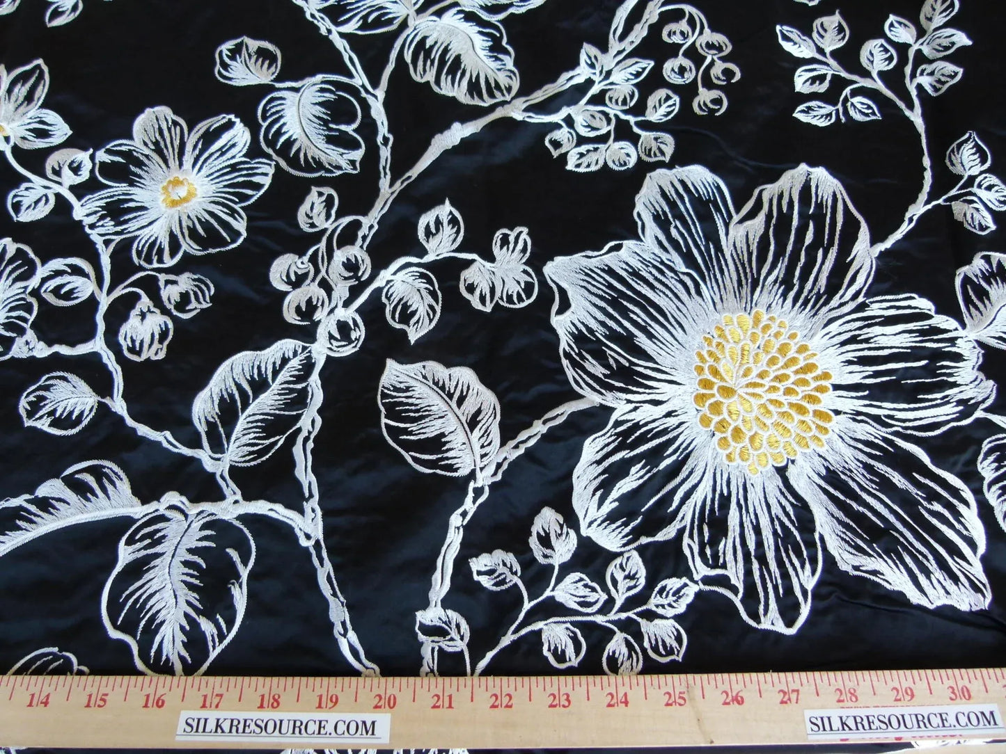 28 EV27 2.3yd x 54″wide Scalamandre DUCHESS SILK Black Embroidery Large pattern Botanical Foliage