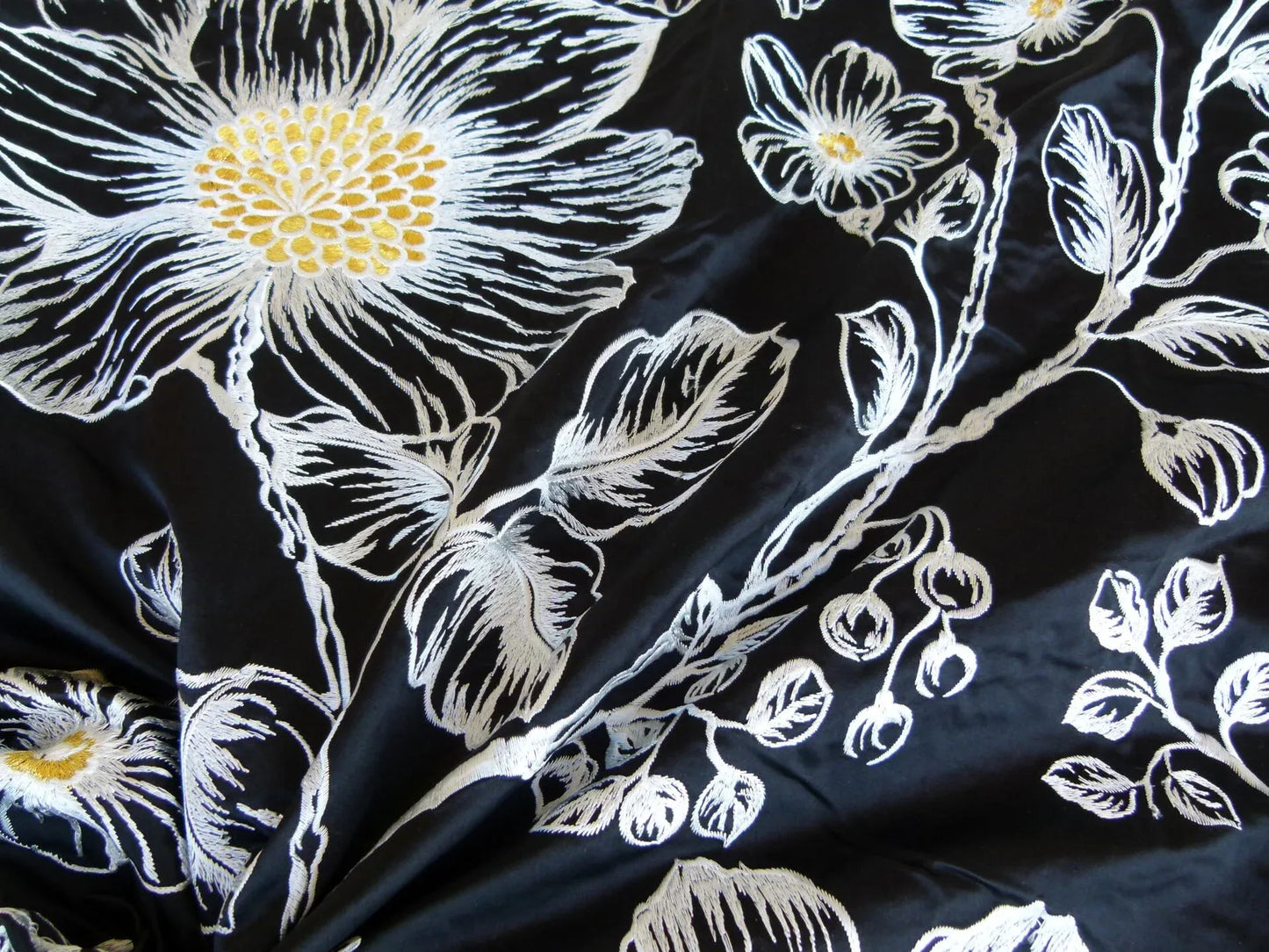 28 EV27 2.3yd x 54″wide Scalamandre DUCHESS SILK Black Embroidery Large pattern Botanical Foliage