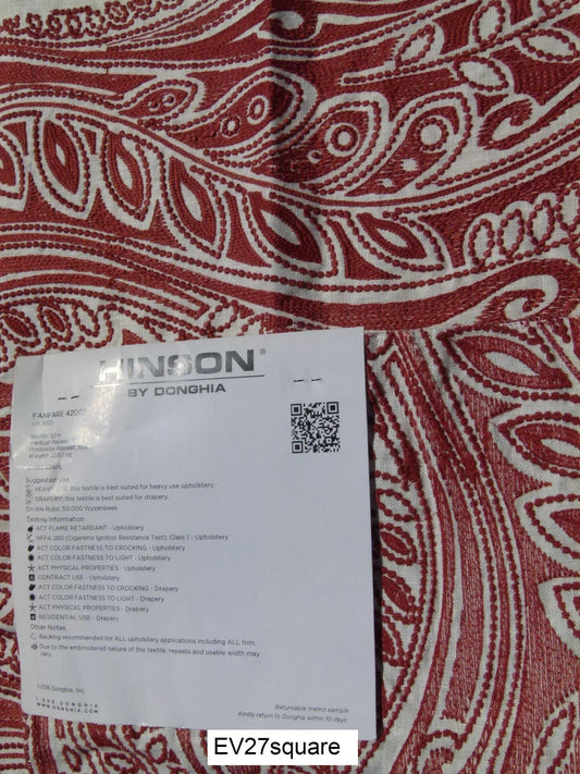 Scalamandre Hingson by Donghia Fanfare Red Embroidery Polyester Botanical Paisley - Square 26"x26"