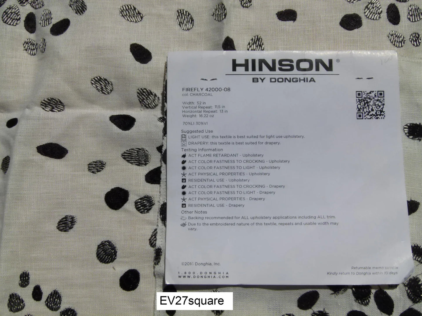 Scalamandre Hingson by Donghia Firefly Charcoal, White and Black Embroidery - Square 26"x26"