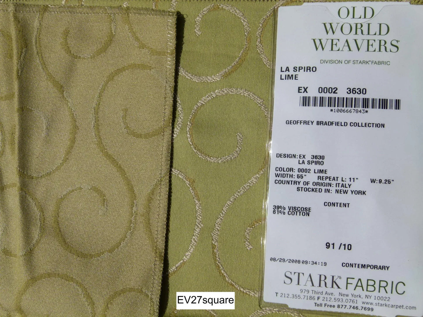 Scalamandre Old World Weavers La Spiro Lime Contemporary Olive Green - Square 26"x26"