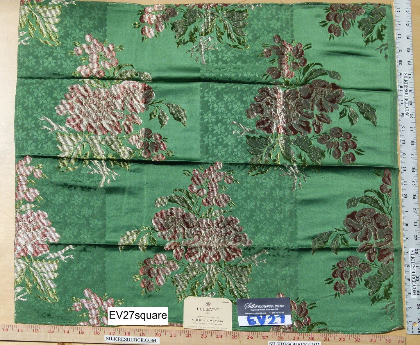 Scalamandre LELIEVRE Paris Silk Lampas Floral Green - Square  - Piece A 24"x26"
