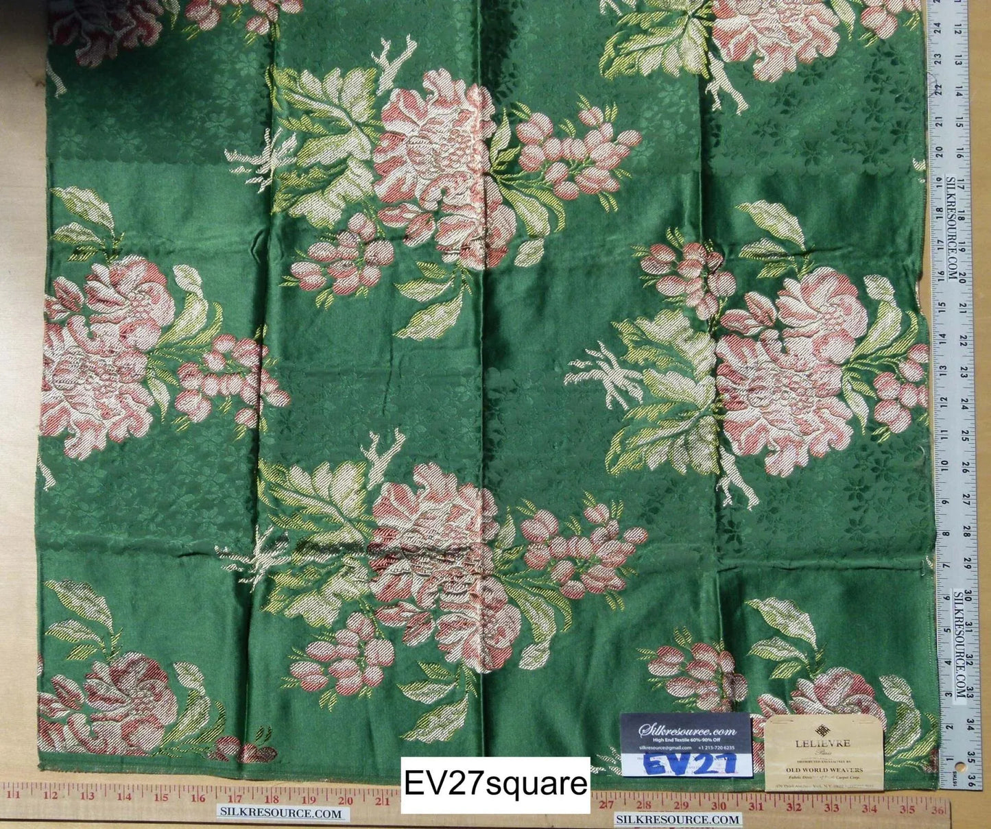 Scalamandre LELIEVRE Paris Silk Lampas Floral Green - Square  - Piece B 25"x24"
