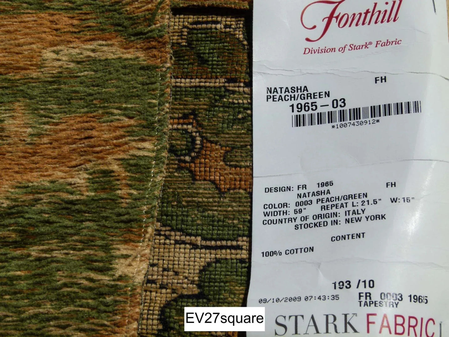 Scalamandre Fonthill Natasha Peach/Green Cotton Tapestry - Square 24 inchesx29 inches