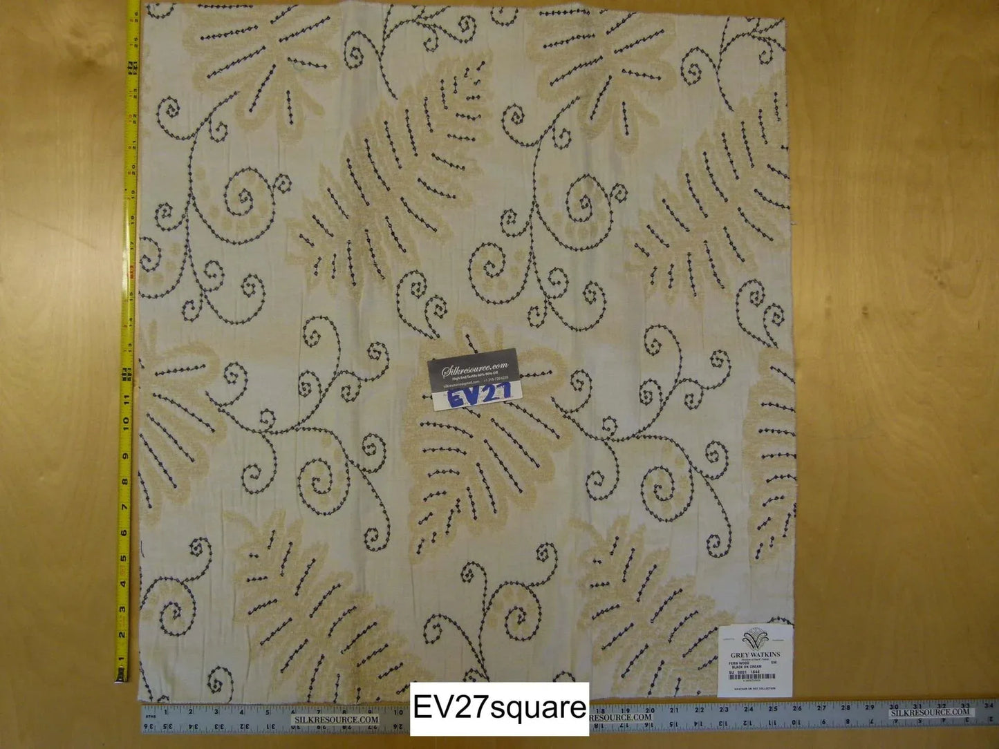 Scalamandre Grey Watkins Fern Wood Black on Cream Embroidery Linen Scroll Botanical Foliage - Square