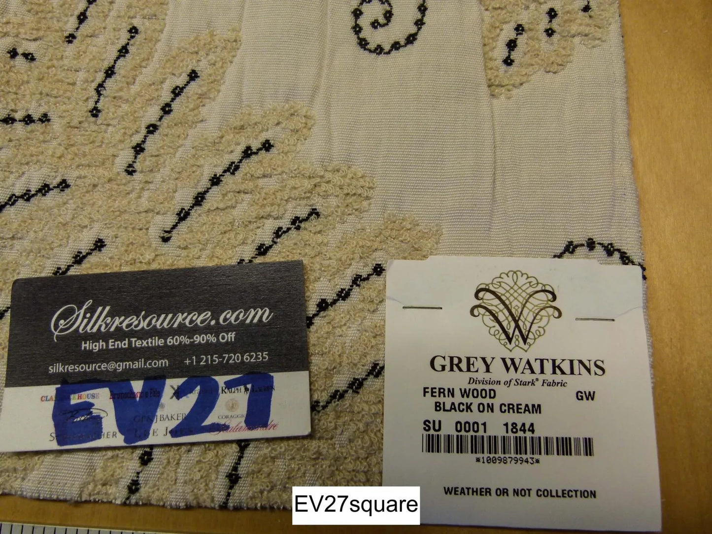 Scalamandre Grey Watkins Fern Wood Black on Cream Embroidery Linen Scroll Botanical Foliage - Square