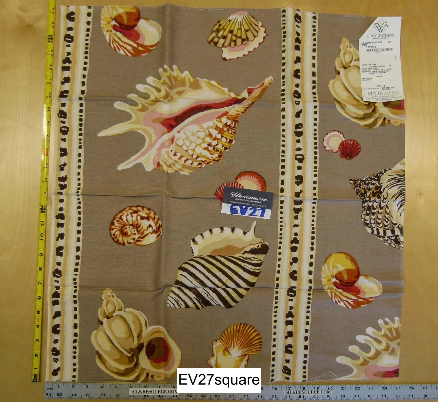 Scalamandre La Gloire De La Mer Sable Linen Print Seashells Large Pattern on Brown - Square 26"x25"