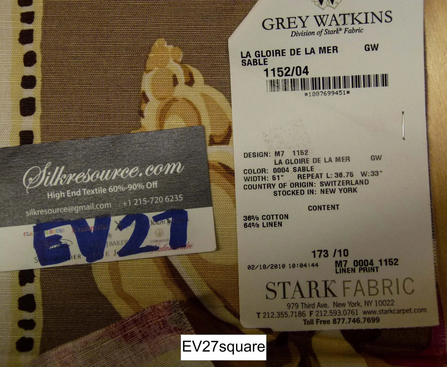 Scalamandre La Gloire De La Mer Sable Linen Print Seashells Large Pattern on Brown - Square 26"x25"