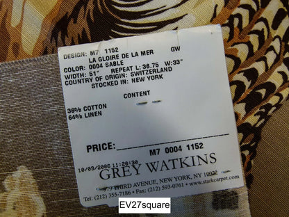 Scalamandre La Gloire De La Mer Sable Linen Print Seashells Large Pattern on Brown - Square 35" x 50"