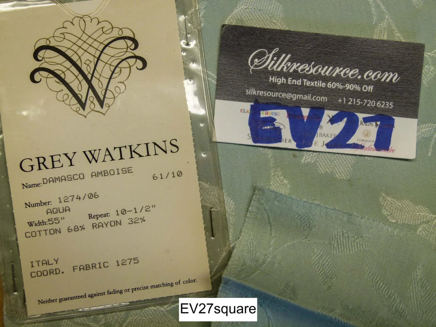 Scalamandre Damasco Amboise Aqua Botanical Foliage - Square 38" x 34"