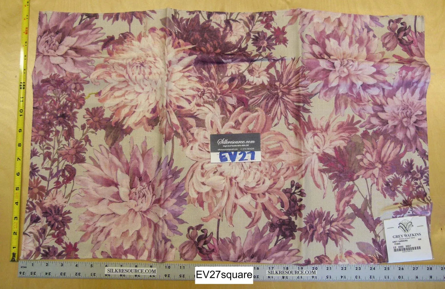 Scalamandre Grey Watkins Grey Gardens Pinks Floral Print Linen - Square 17" x 28"