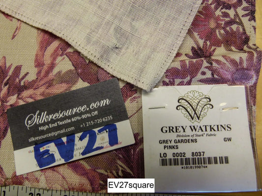 Scalamandre Grey Watkins Grey Gardens Pinks Floral Print Linen - Square 17" x 28"