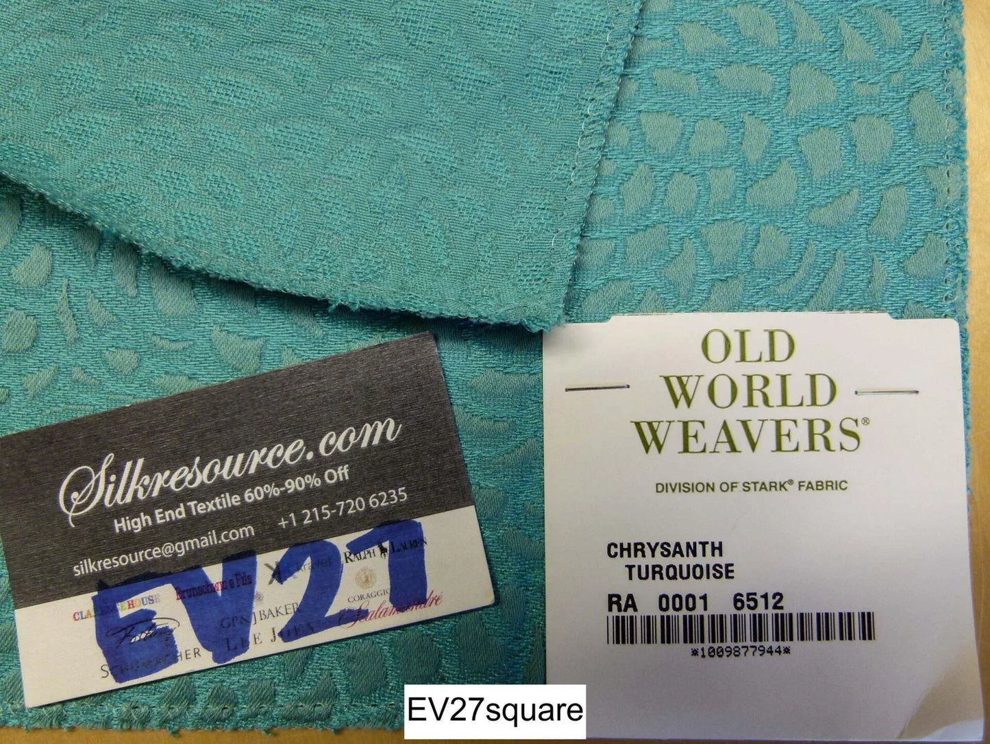 Scalamandre Old World Weavers Chrysanth Turquoise Blue Plains Texture Floral Small Jacquard - Square