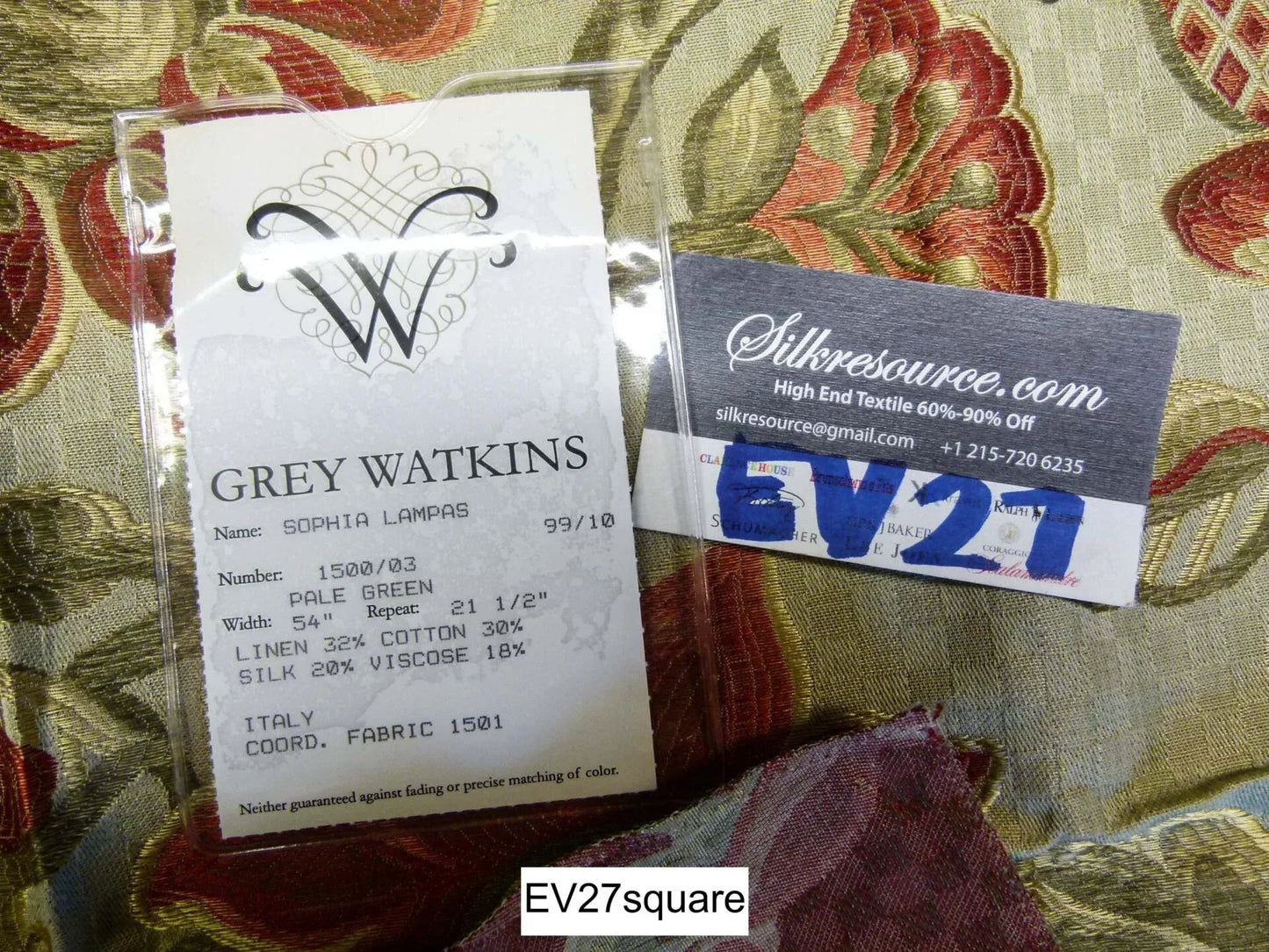 Scalamandre Grey Watkins Sophia Lampas Pale Green Botanical Tree Foliage Silk Lampas - Square 34"x36"