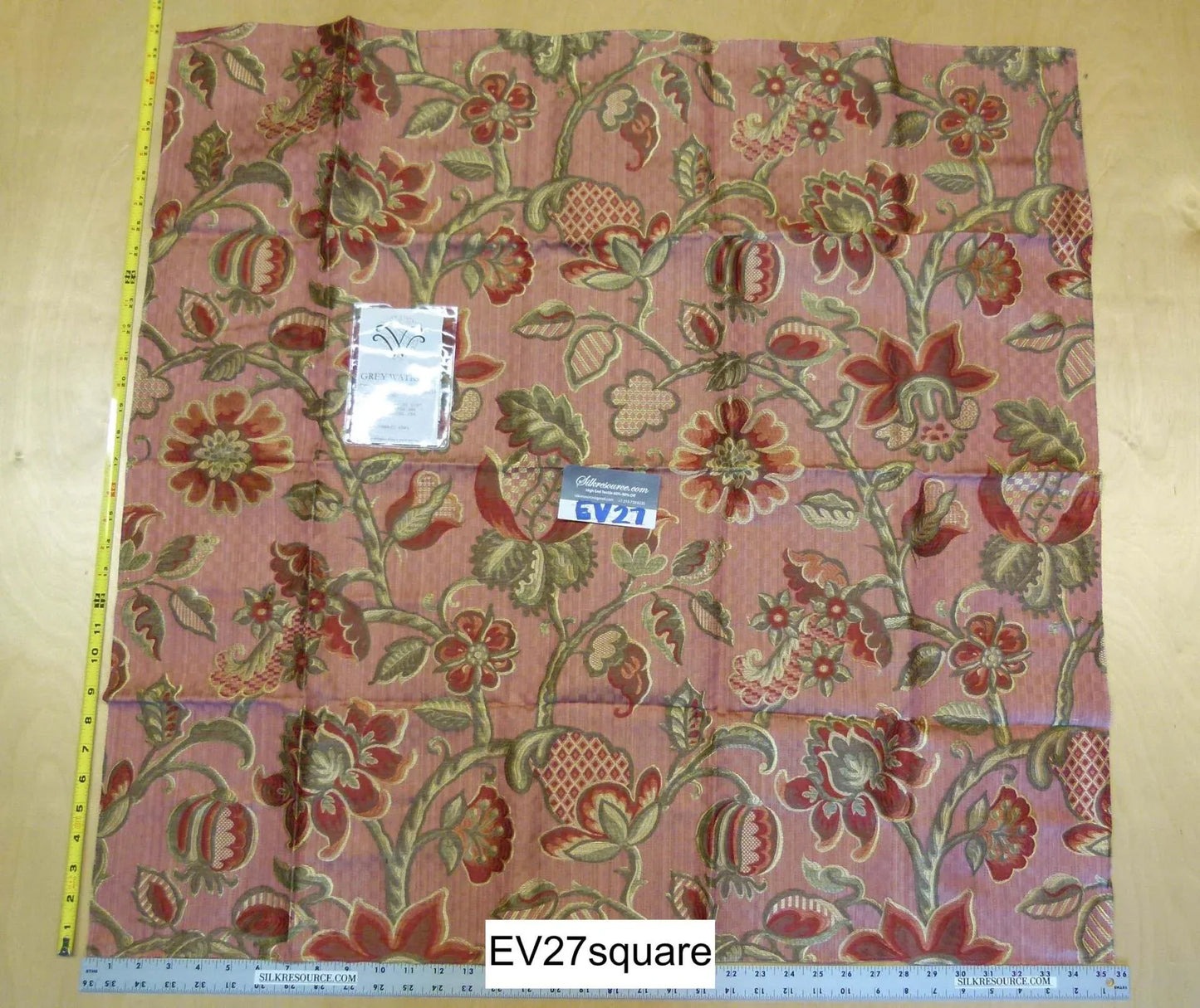 Scalamandre Grey Watkins Sophia Lampas Rose Botanical Tree Foliage Silk Lampas - Square 34"x36"