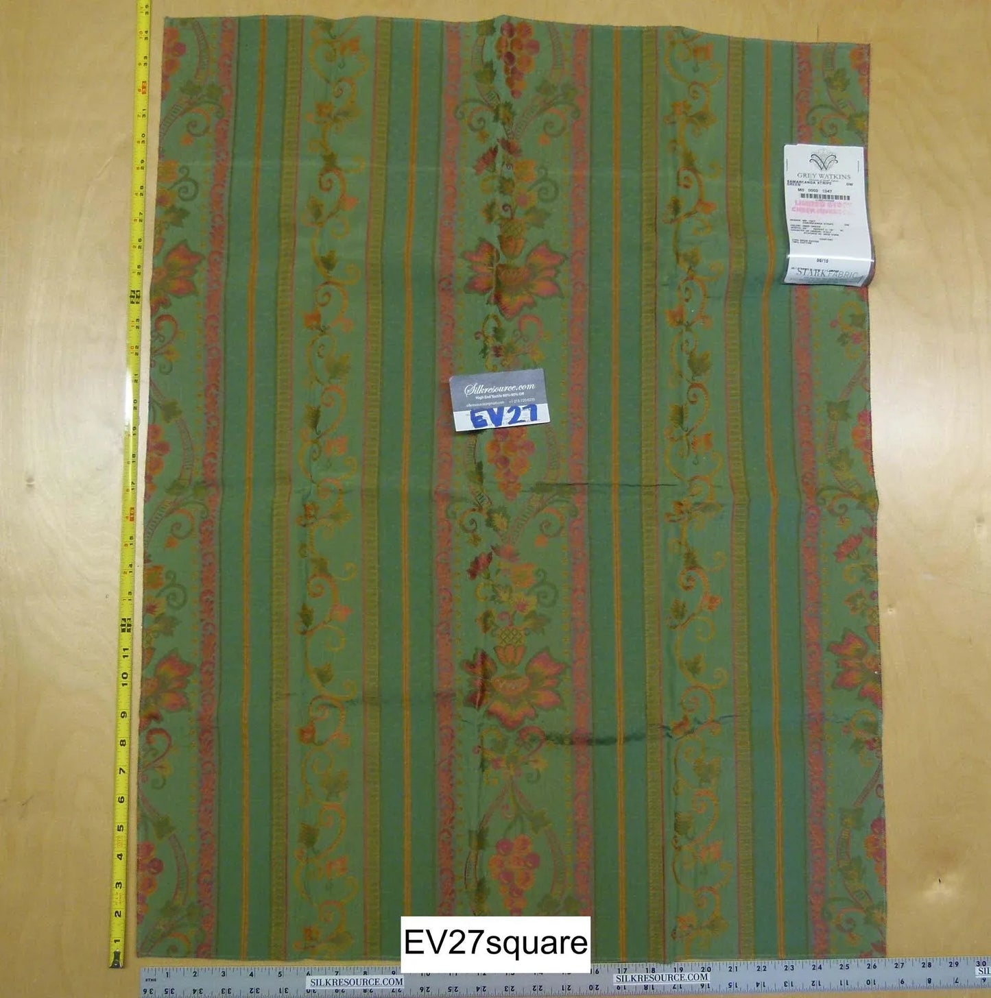 Scalamandre Grey Watkins Samarcanda Stripe Green Botanical Scroll - 34 Inches x 26 Inches Square