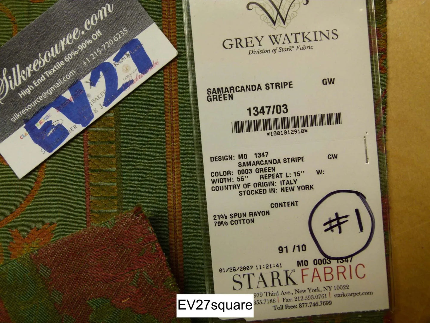 Scalamandre Grey Watkins Samarcanda Stripe Green Botanical Scroll - Square 26 Inches x 27 Inches