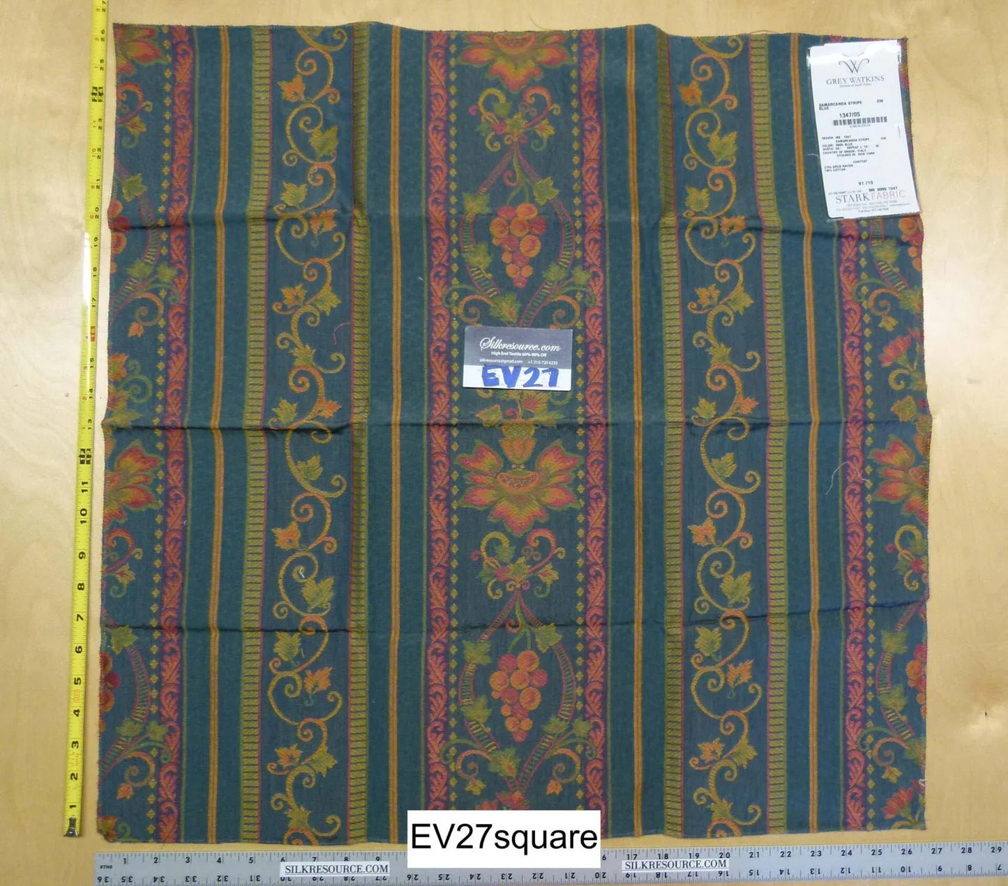 Scalamandre Grey Watkins Samarcanda Stripe Blue Botanical Scroll - Square 26 inches x 27 inches