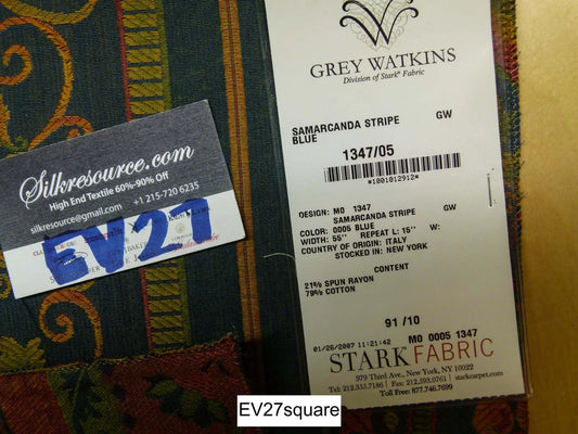 Scalamandre Grey Watkins Samarcanda Stripe Blue Botanical Scroll - Square 26 inches x 27 inches