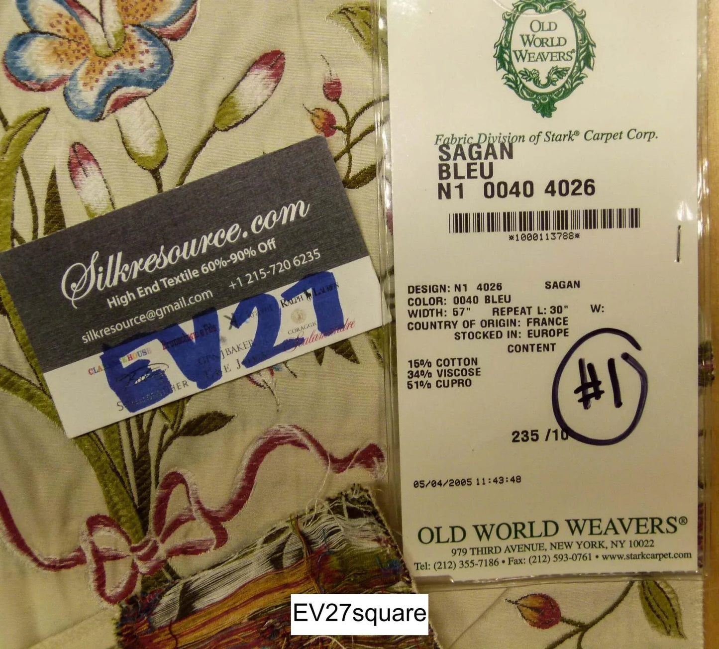 Scalamandre Old World Weaver Sagan Bleu Floral Botanical Foliage Butterfly on Cream - Square 25 Inches x 27 Inches