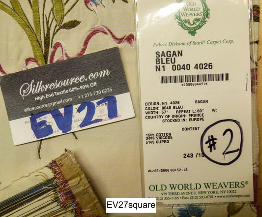 Scalamandre Old World Weaver Sagan Bleu Floral Botanical Foliage Butterfly on Cream - Square 25 inches x 27 inches