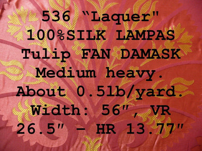 100%silk Lampas Tulip Fan Damask 536 "lacquer" Hot Red Pink Gold Bty MSRP USD296/y!