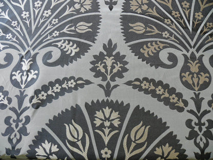 100%silk Lampas Tulip Fan Damask 536 "smoke" Black Charcoal Silver Gold Bty MSRP USD296/y!