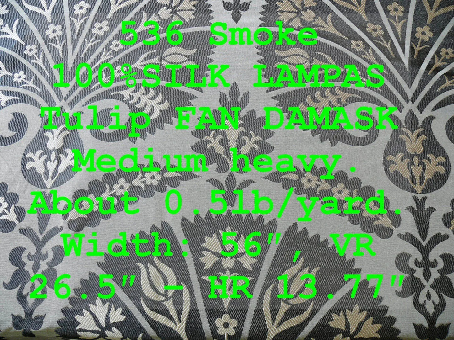 100%silk Lampas Tulip Fan Damask 536 "smoke" Black Charcoal Silver Gold Bty MSRP USD296/y!