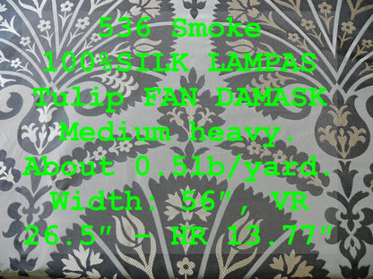 100%silk Lampas Tulip Fan Damask 536 "smoke" Black Charcoal Silver Gold Bty MSRP USD296/y!