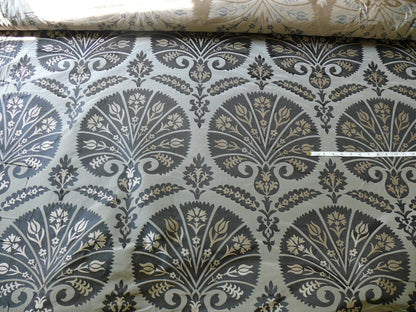 100%silk Lampas Tulip Fan Damask 536 "smoke" Black Charcoal Silver Gold Bty MSRP USD296/y!